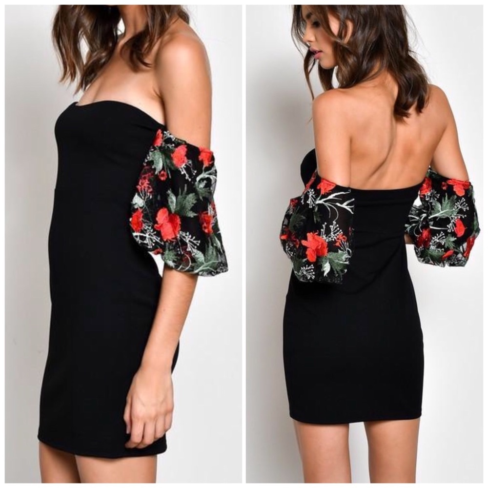 ❗️CLOSING SALE❗️Black Straples Floral Sleeve Dress - Picture 2 of 3